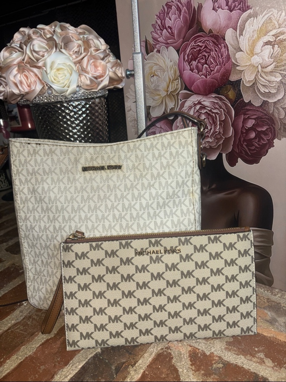 *2fer* Michael Kors Cream MK Logo Crossbody with Tan Strap and MK wristlet